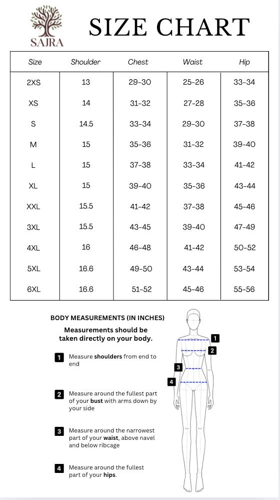 Size chart for Saira clothing with measurements in inches.