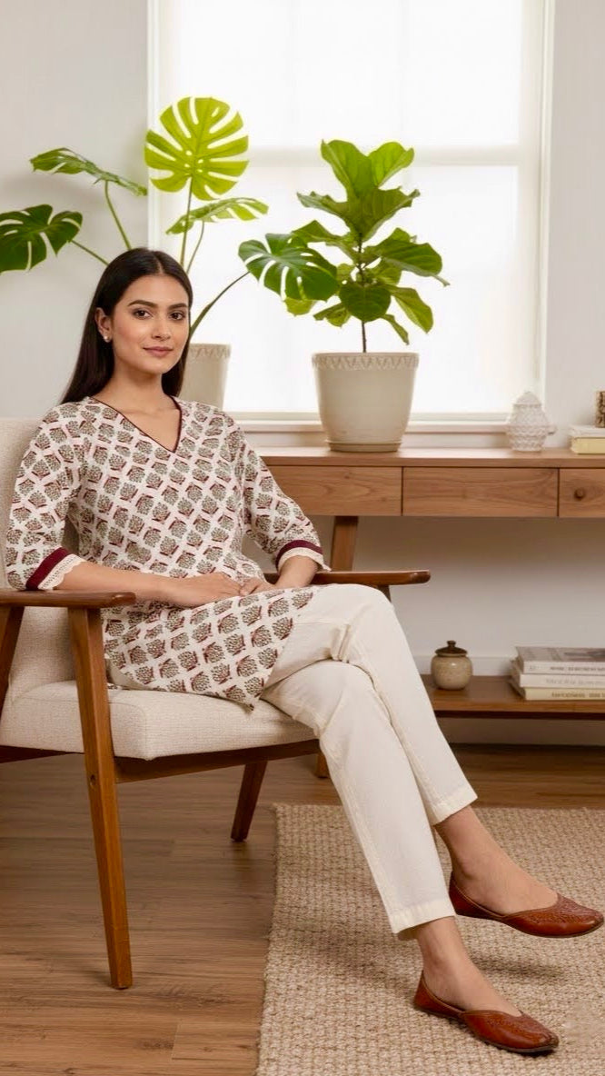 Woman sitting on a chair in a room with plants and wooden furniture.