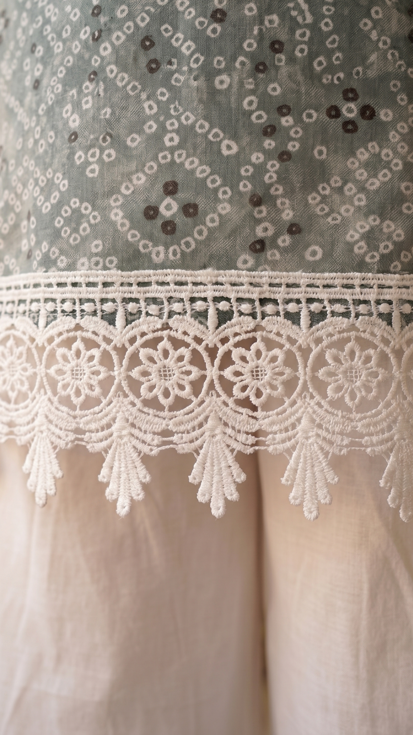 Close-up of a lace-trimmed fabric with intricate patterns.