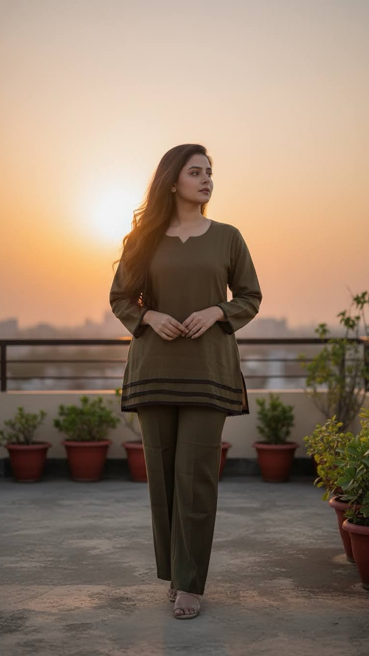 Woman in a green outfit standing on a rooftop with a sunset background