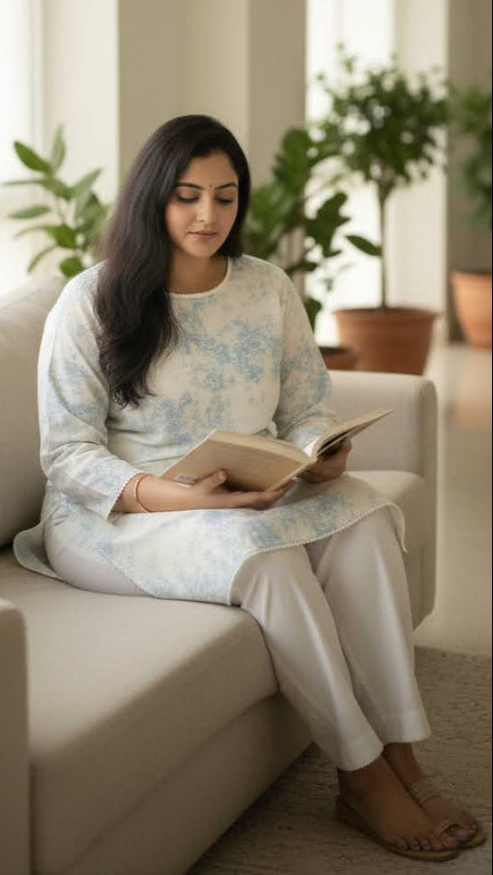 Woman reading a book on a couch in a bright living room with plants.