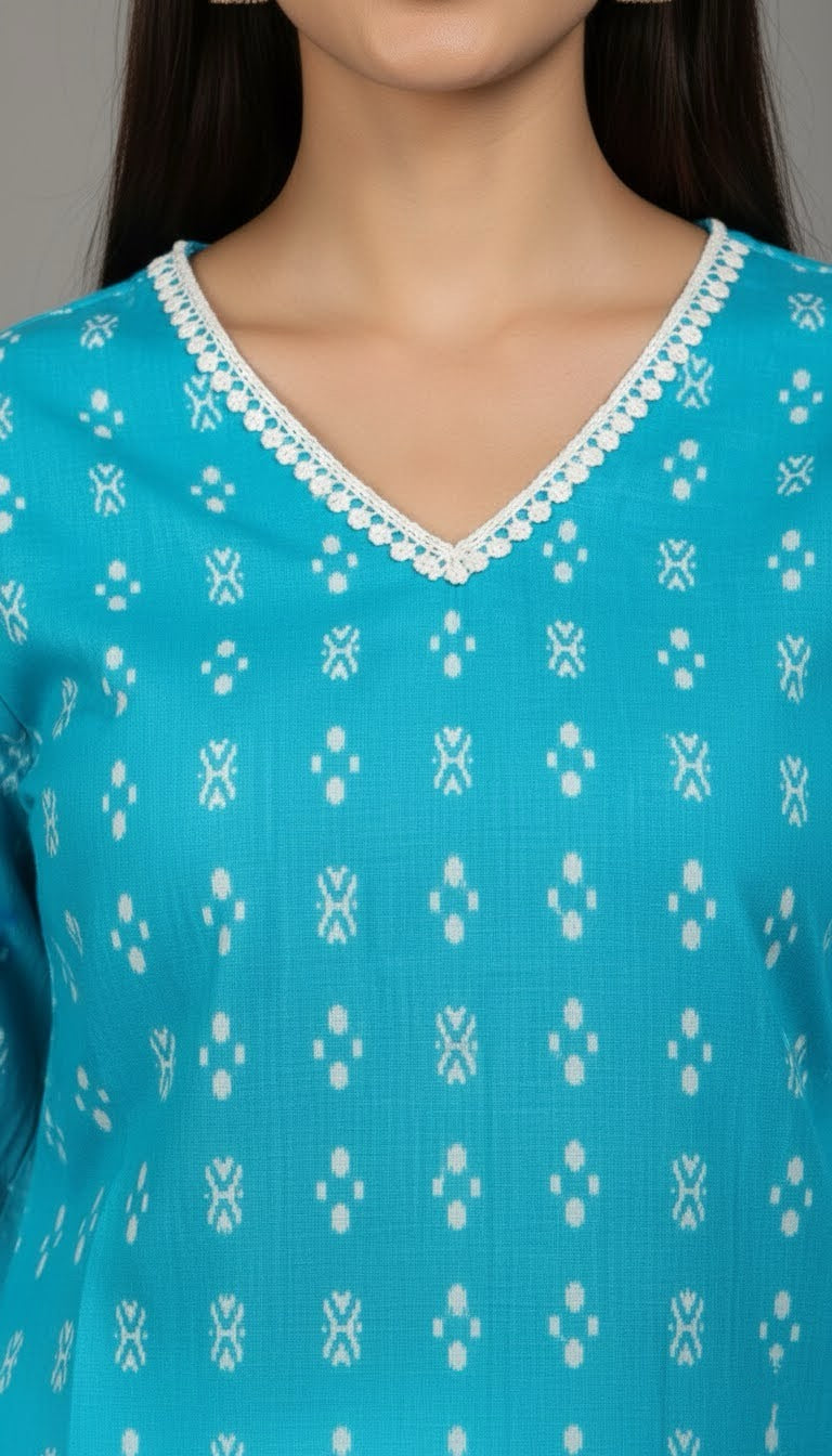 Close-up of a blue patterned garment with white lace trim.