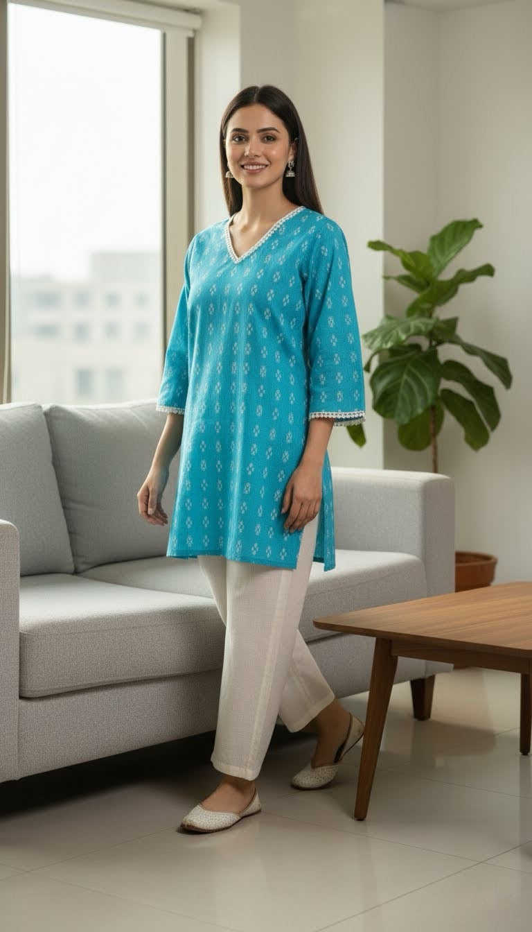 Woman in a blue kurta with white pants standing in a living room.