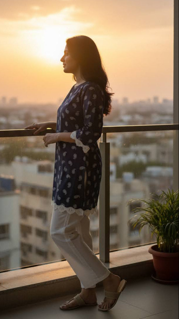 Woman standing on a balcony overlooking a cityscape at sunset.