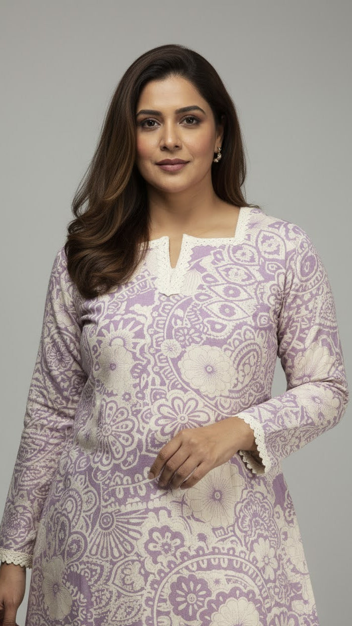 Woman wearing a purple and white patterned kurta against a gray background
