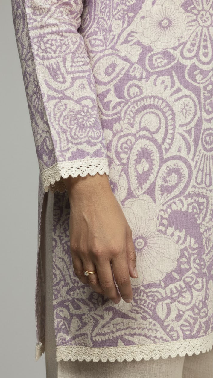 Close-up of a hand wearing a ring on a garment with intricate patterns.