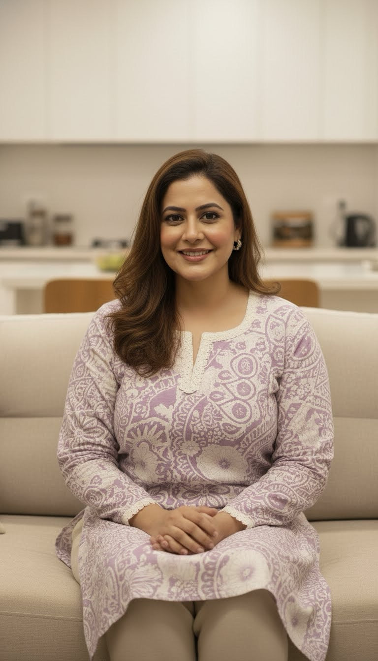 Woman in a patterned outfit sitting on a couch in an indoor setting