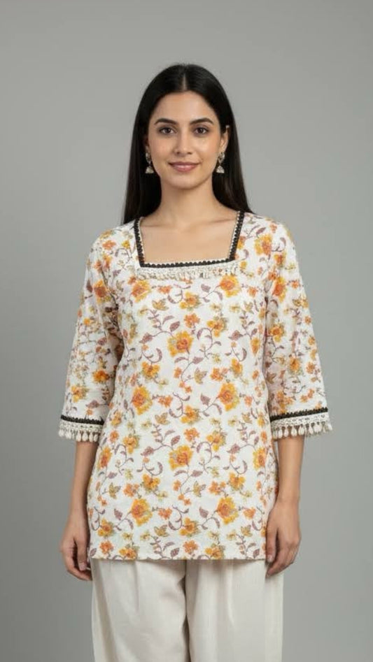 Woman wearing a floral top and white pants on a gray background