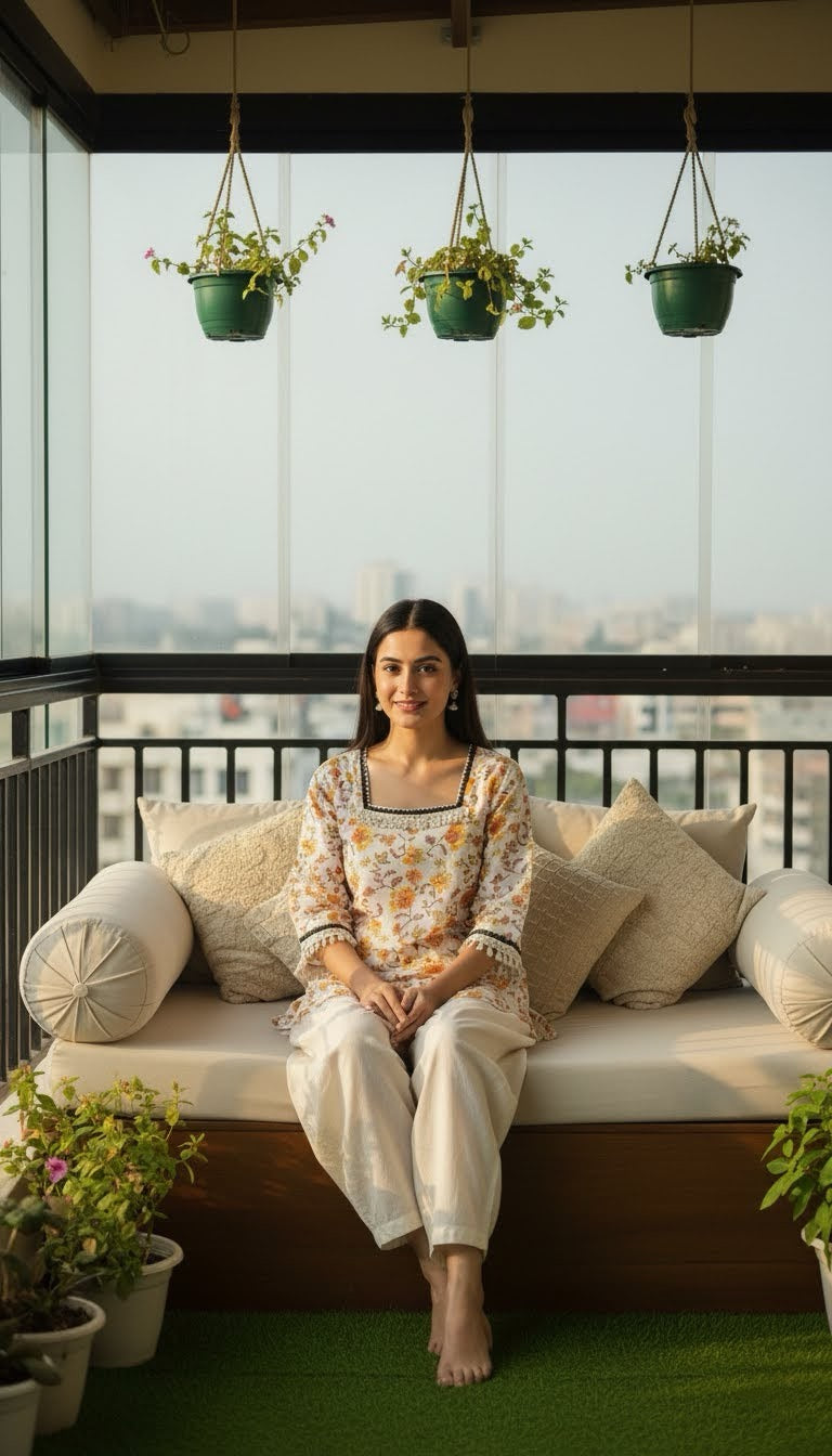 Woman sitting on a balcony with plants and a city view