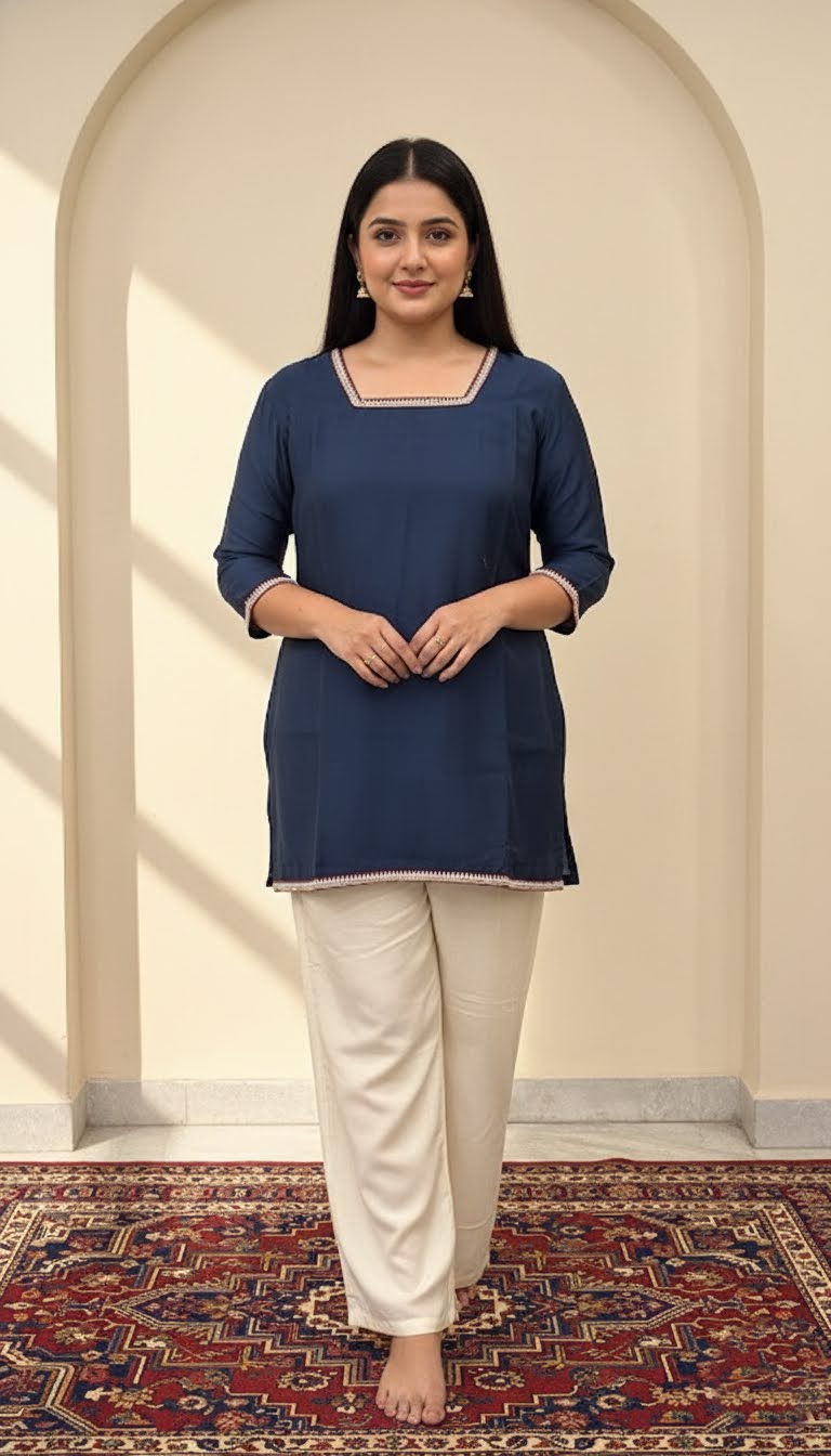 Woman wearing a blue kurta with white pants standing in front of an archway.