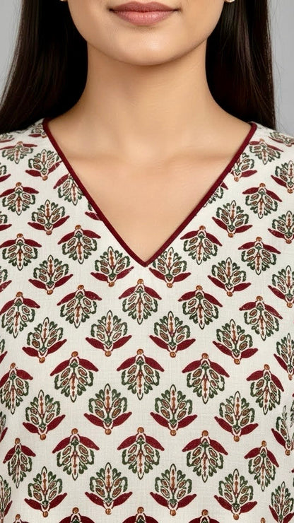 Woman wearing a patterned top with a neutral background
