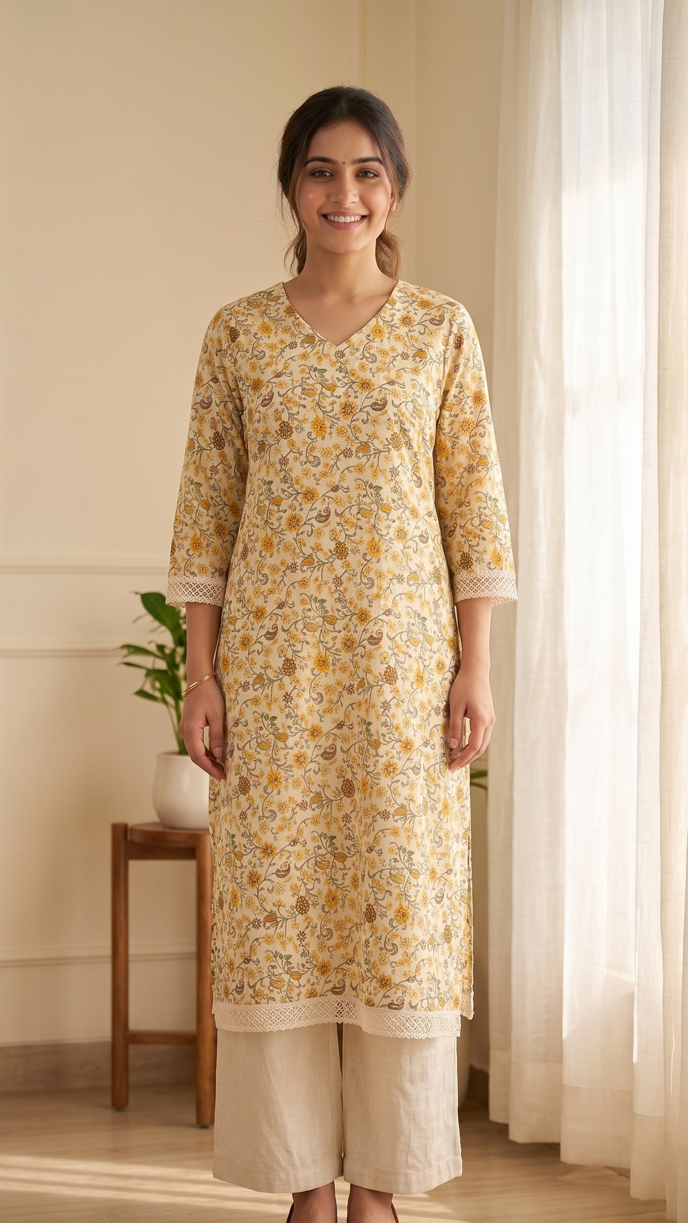 Woman wearing a yellow floral kurta with white pants in a bright room.