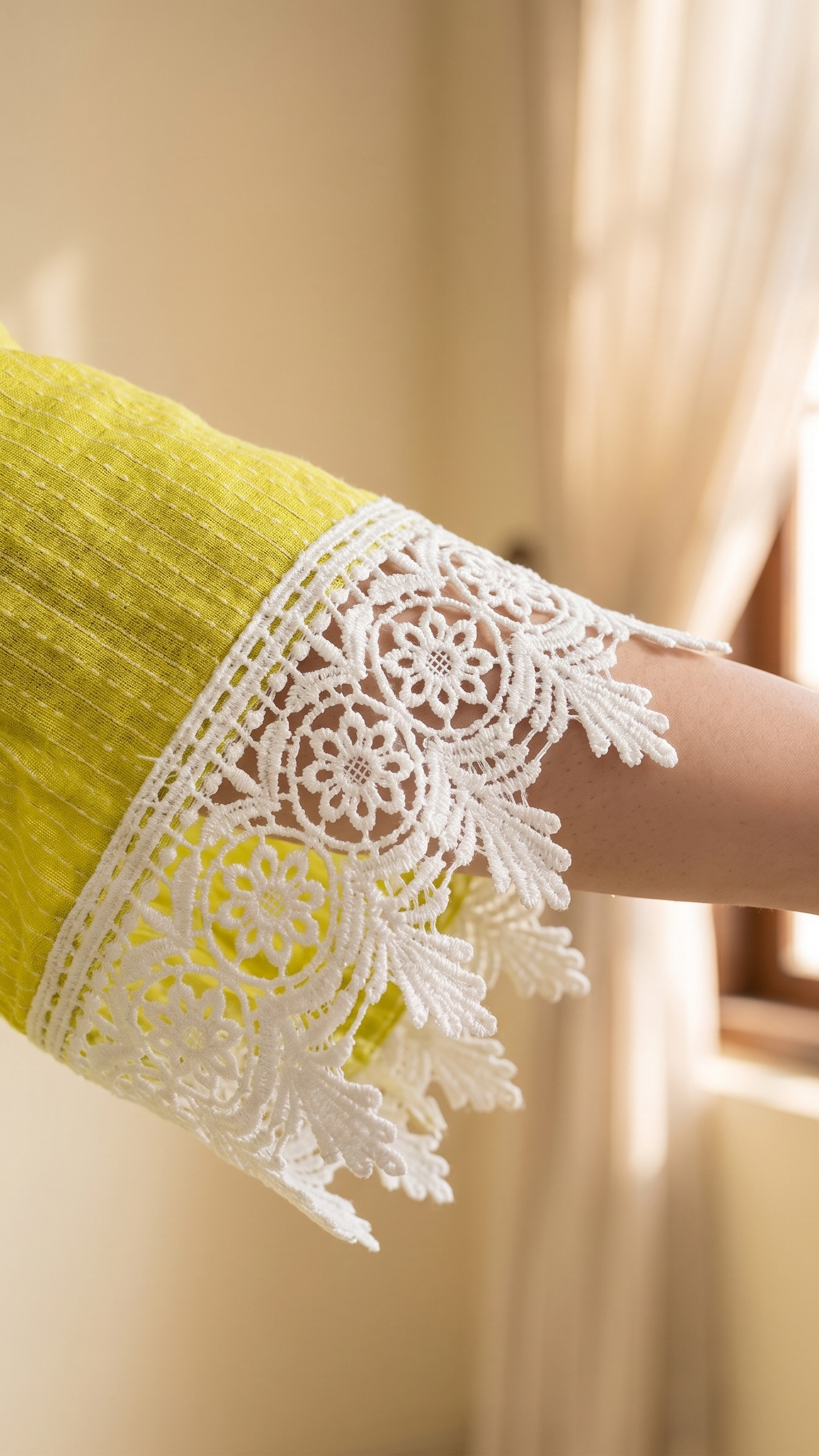 Yellow garment with white lace trim against a neutral background