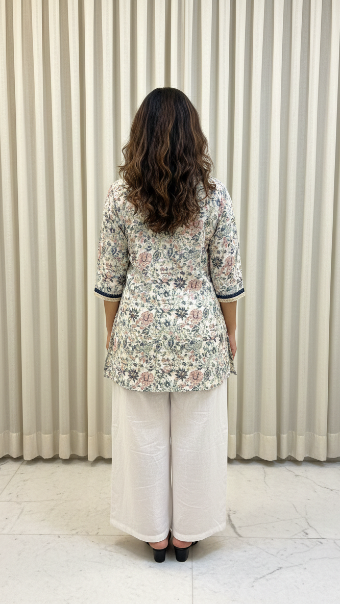 Woman wearing a floral blouse and white pants standing against a beige curtain.