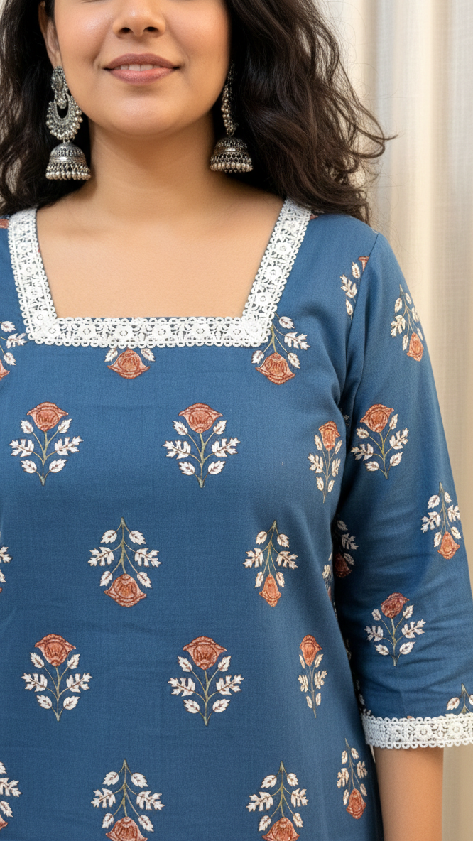 Woman wearing a blue floral dress with white lace details against a neutral background