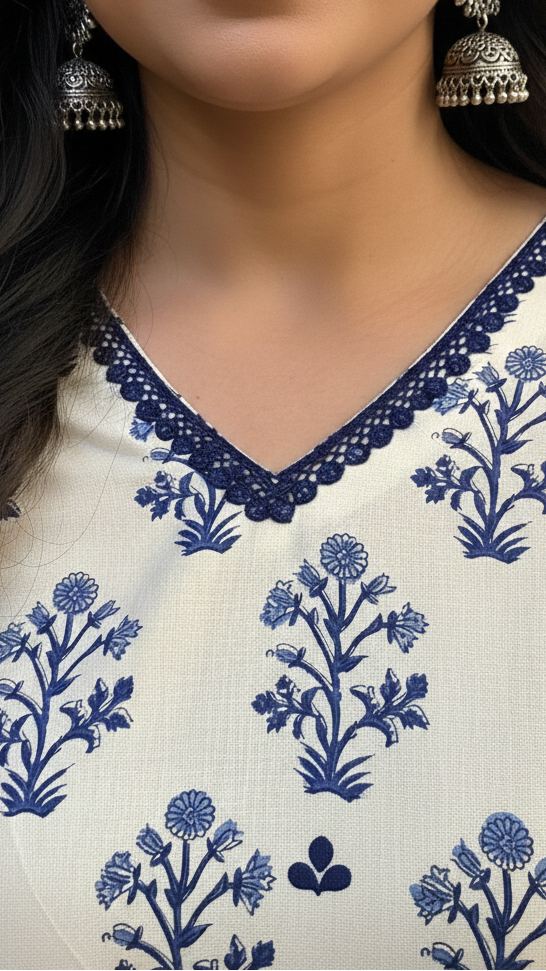 Close-up of a white garment with blue floral embroidery and silver earrings.