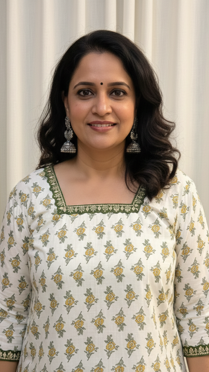 Woman wearing a white floral patterned kurta with green details against a neutral background