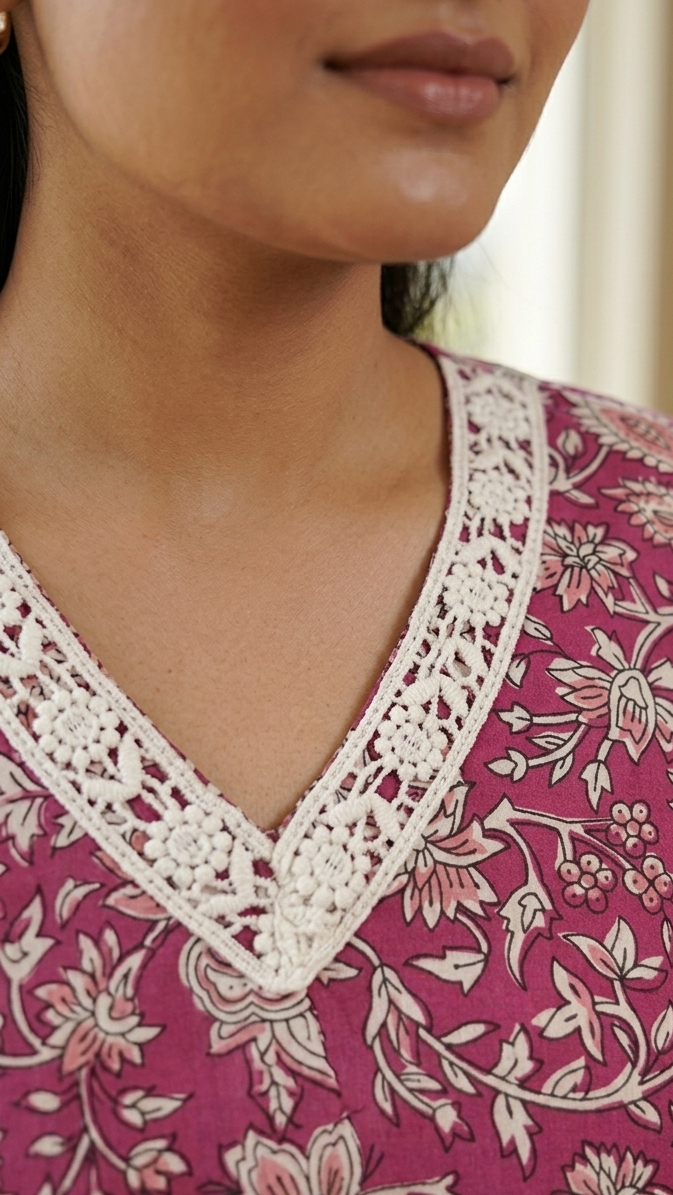 Close-up of a pink floral dress with lace neckline.