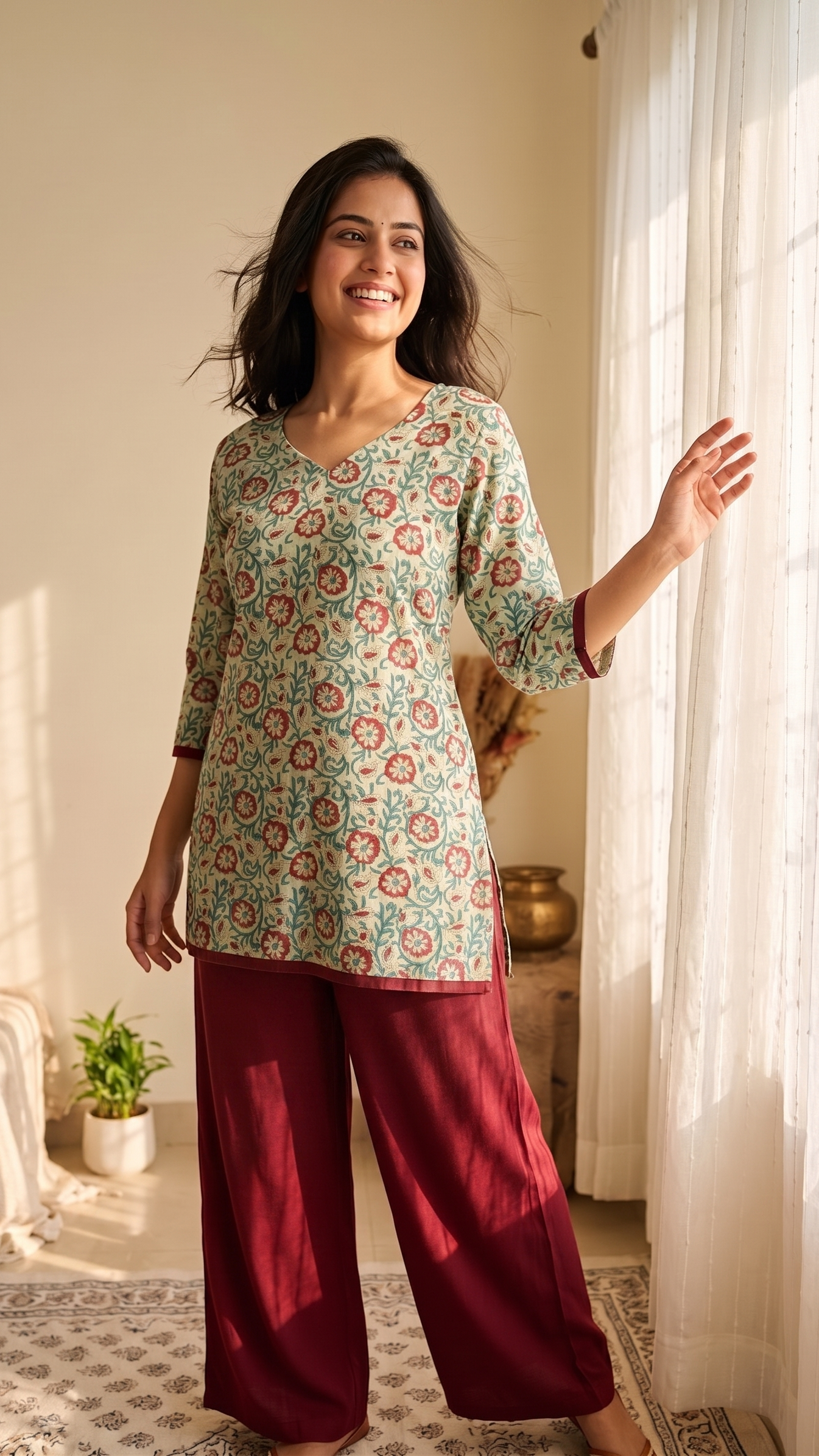 Woman wearing a floral top and red pants standing in a bright room with sunlight streaming through a window.