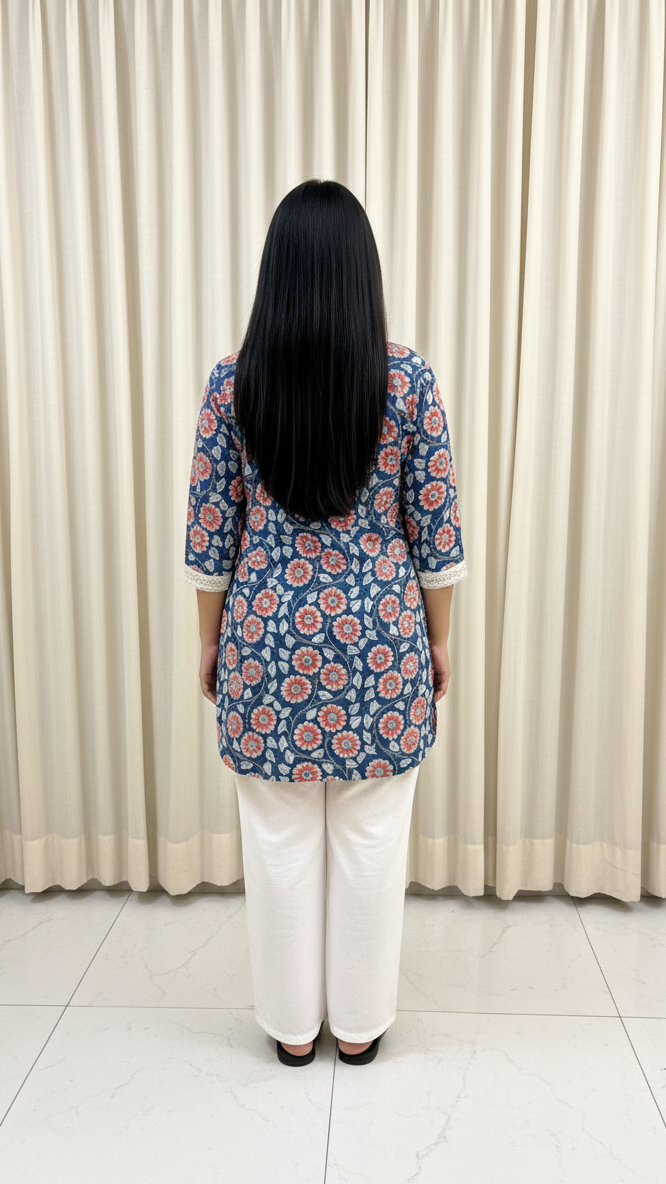 Person wearing a blue floral top and white pants standing in front of a beige curtain.
