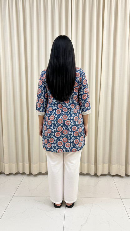 Person wearing a blue floral top and white pants standing in front of a beige curtain.