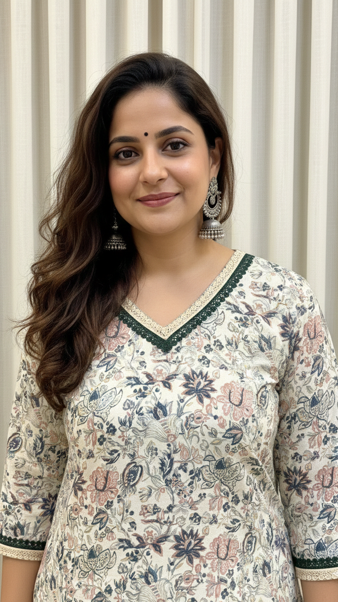 Woman wearing a floral patterned top against a neutral background