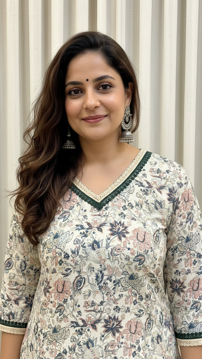 Woman wearing a floral patterned top against a neutral background