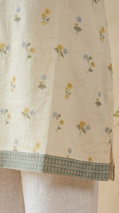 Person wearing a floral kurta with white pants in a home setting