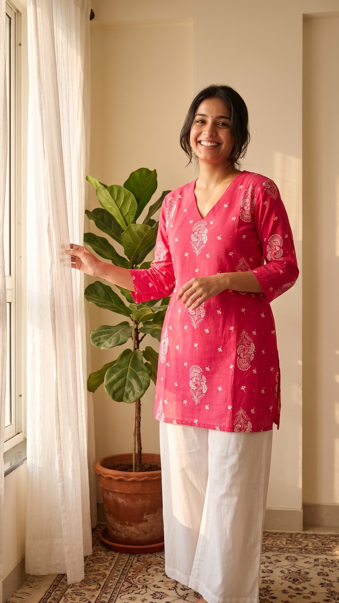 Woman in a pink kurta with white patterns standing next to a potted plant in a room.