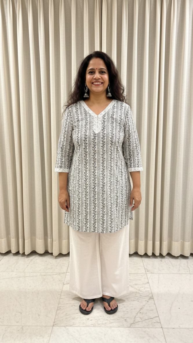 Woman wearing a patterned kurta with white pants standing in front of beige curtains.