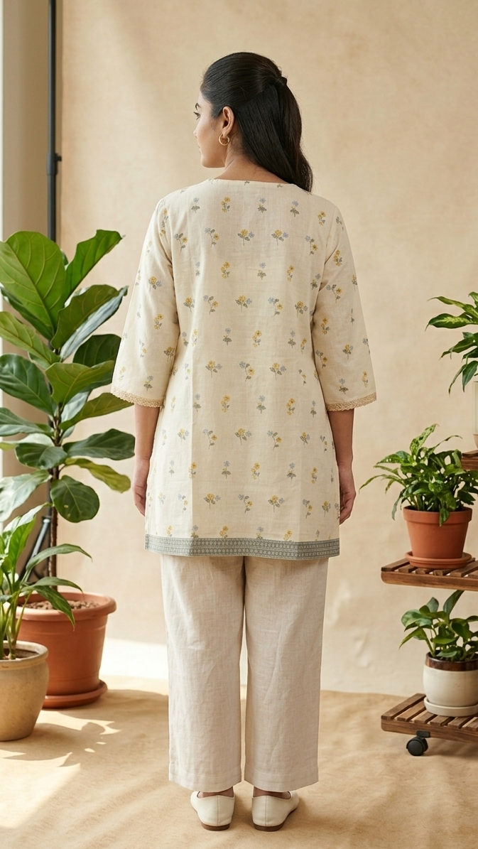 Woman in a light-colored outfit standing in a room with plants