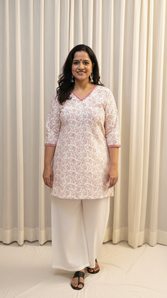 Woman wearing a white floral outfit standing in front of white curtains