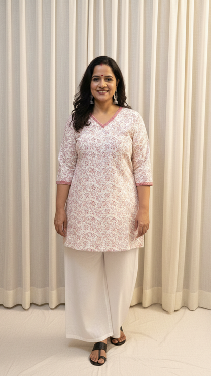 Woman wearing a white floral outfit standing in front of white curtains