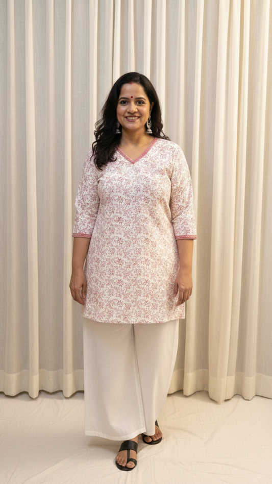 Woman wearing a white floral outfit standing in front of white curtains