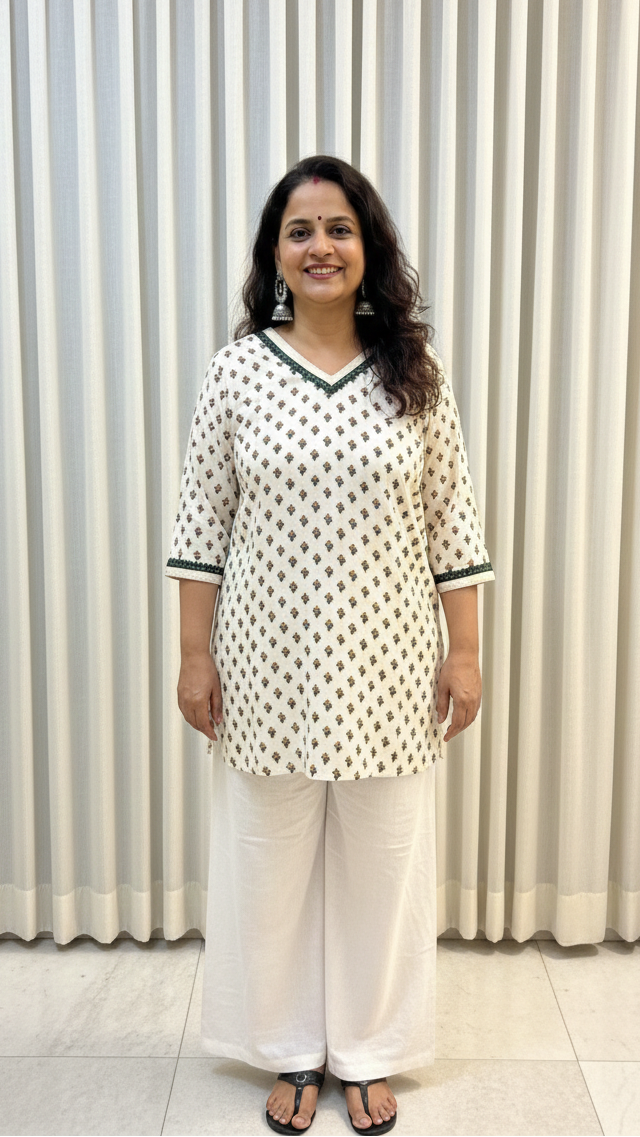 Woman wearing a patterned top and white pants standing in front of a striped curtain.