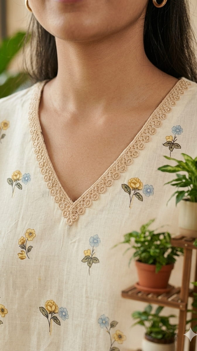 Close-up of a person wearing a cream-colored embroidered top with floral patterns, standing in a room with plants.