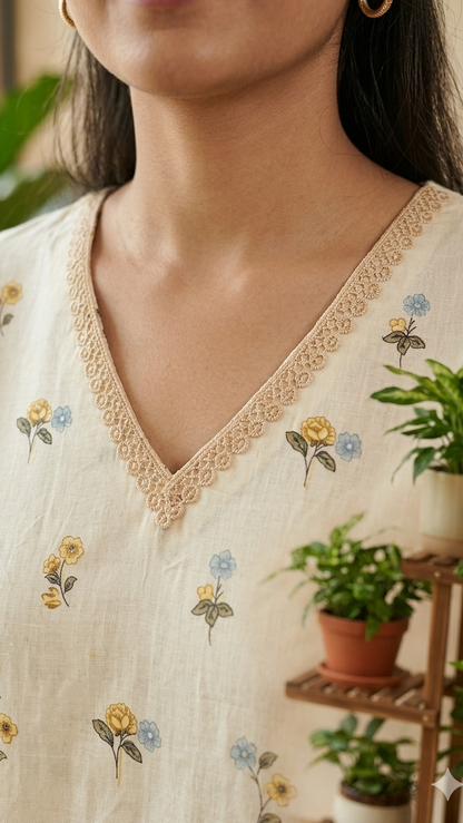 Close-up of a person wearing a cream-colored embroidered top with floral patterns, standing in a room with plants.