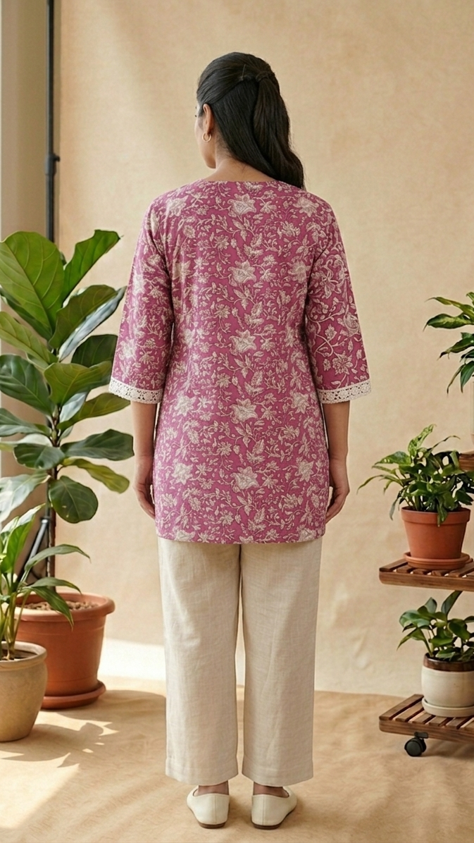 Woman wearing a pink floral blouse and beige pants standing in a room with plants.