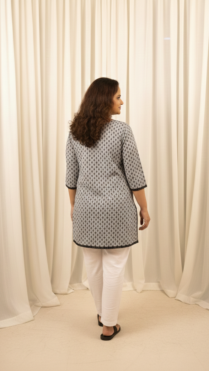 Woman wearing a patterned top and white pants standing in front of white curtains.