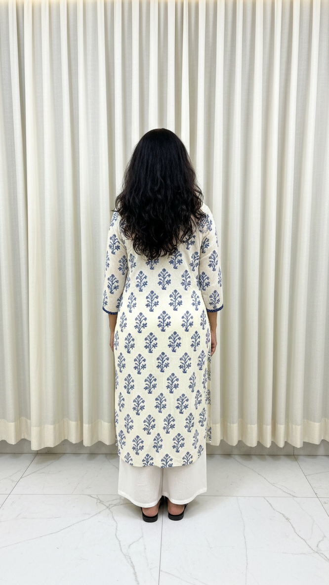 Woman wearing a floral patterned dress standing in front of a white curtain.