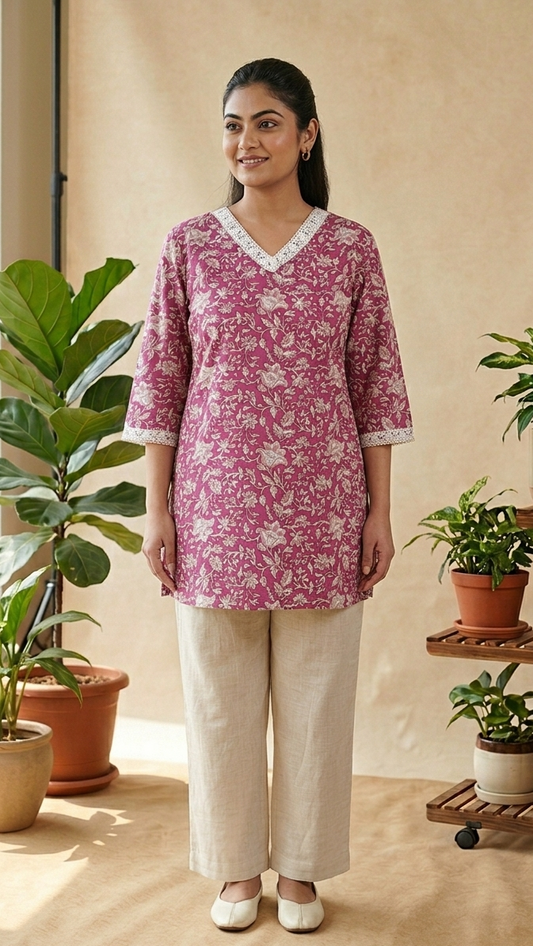 Woman wearing a pink floral top and beige pants standing in a room with plants.