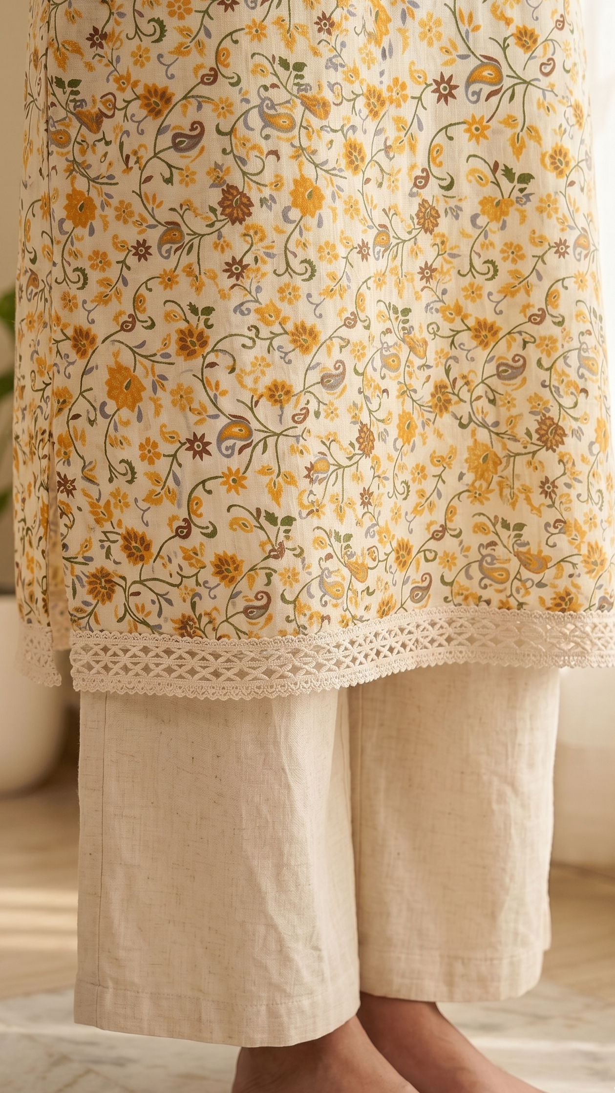Floral patterned kurta with lace trim worn by a person indoors.