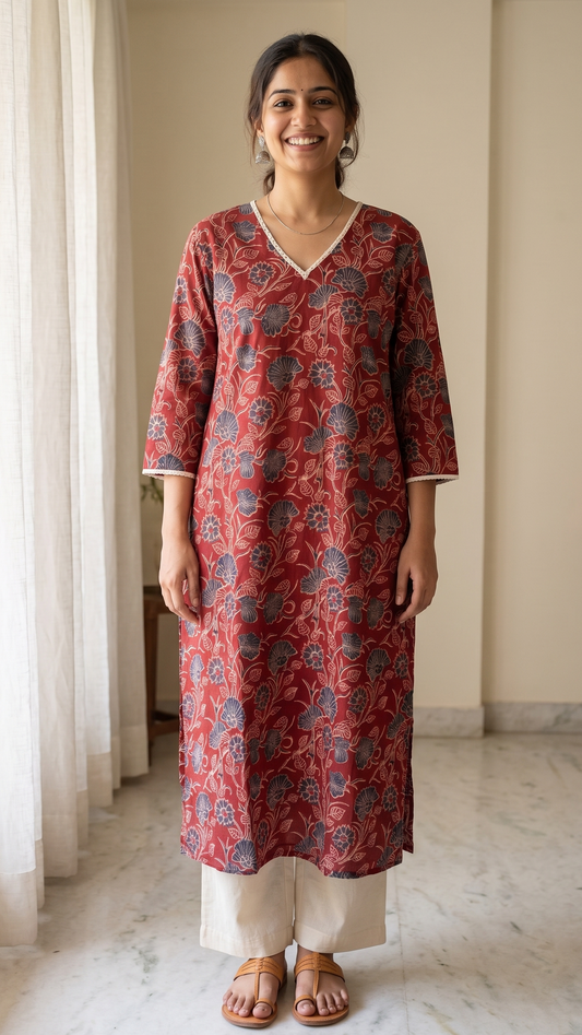Woman wearing a red floral kurta standing in a room with light curtains and a plant.