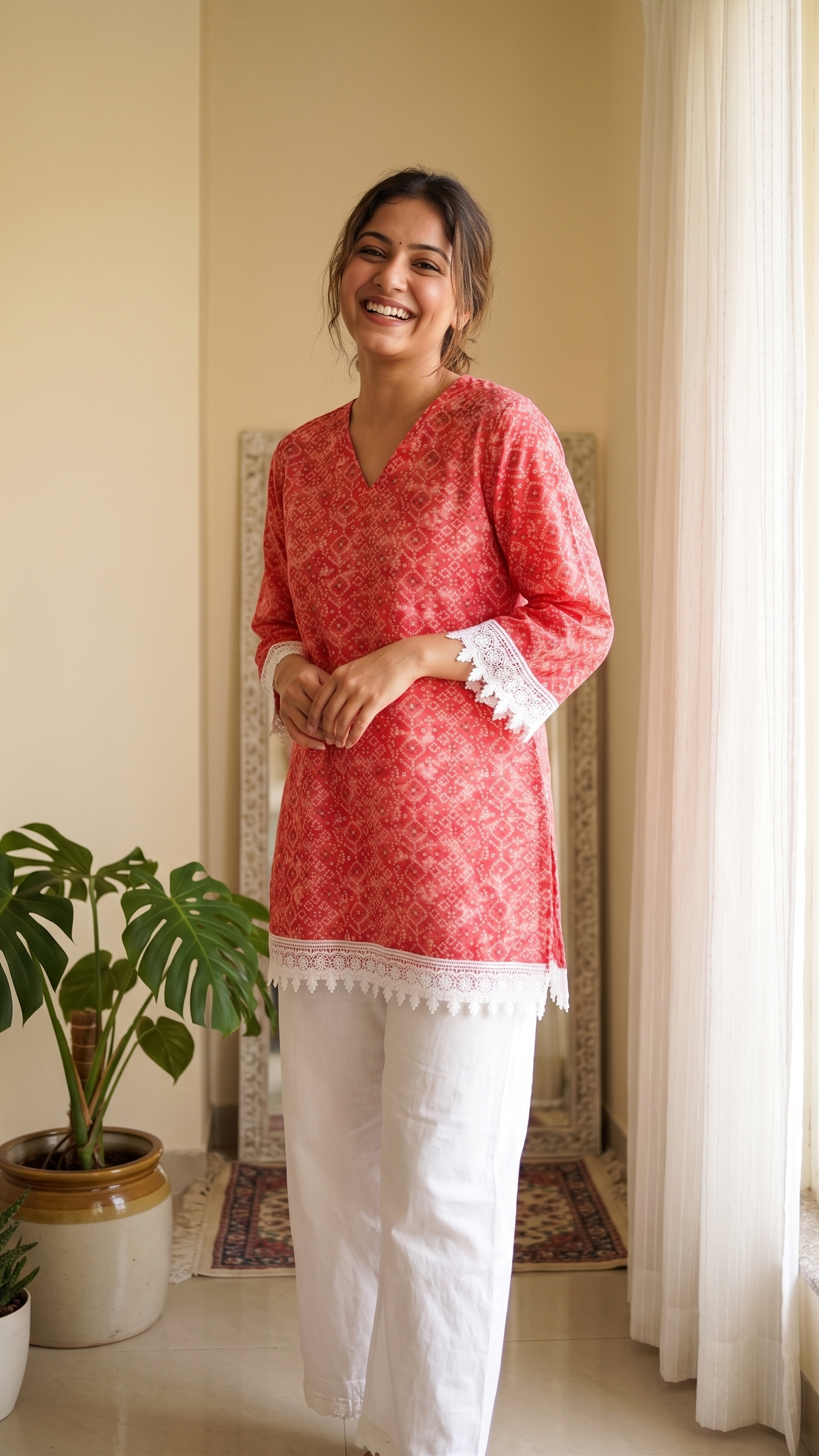 Woman in a red patterned top and white pants standing in a room with a plant and window.