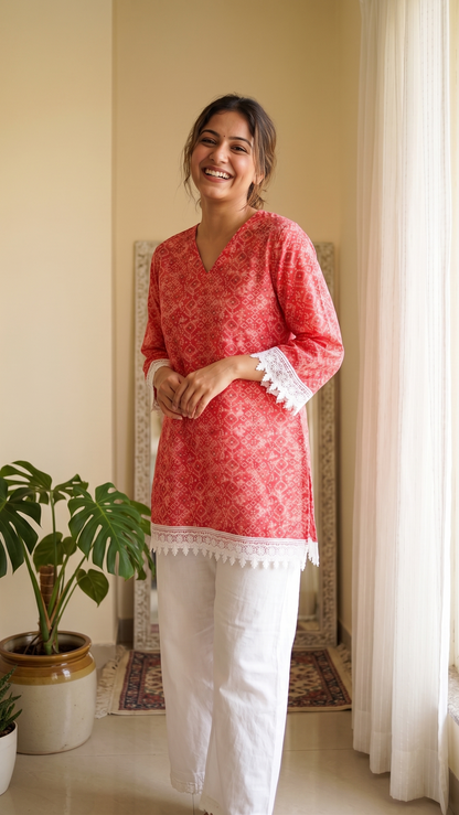 Woman in a red patterned top and white pants standing in a room with a plant and window.