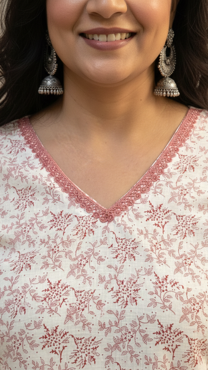 Woman wearing a white floral blouse with red embroidery, smiling.