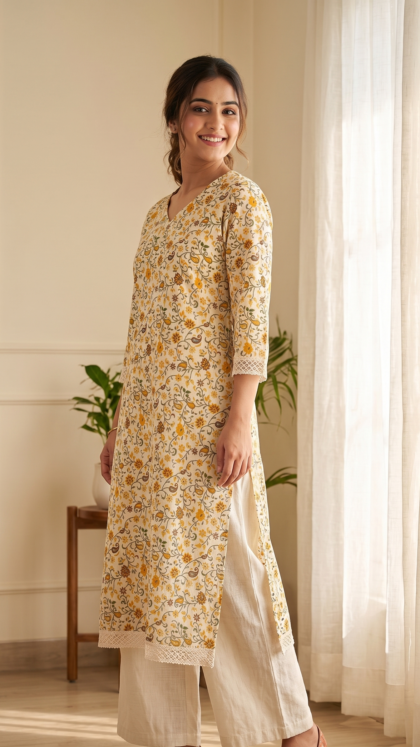 Woman wearing a floral kurta in a bright room with plants and furniture.
