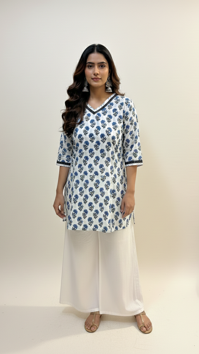 Woman wearing a white and blue floral kurta with white pants on a plain background
