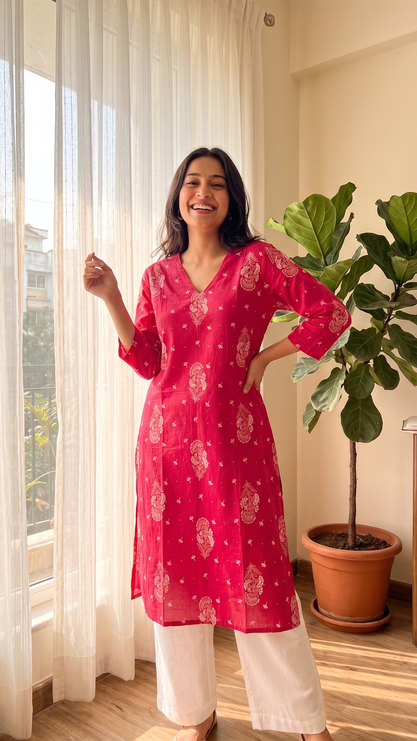 Woman in a red kurta standing in a room with a plant and window.