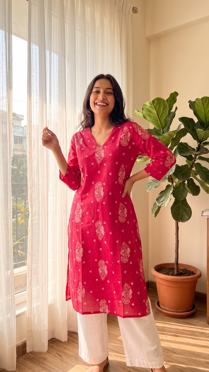 Woman in a red kurta standing in a room with a plant and window.